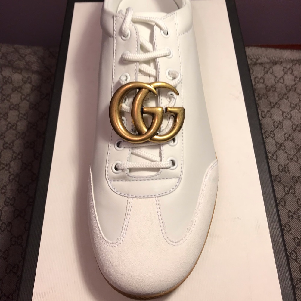 SOLD! New Gucci White Gold Low Top Double G Shoes - Picture 4 of 8